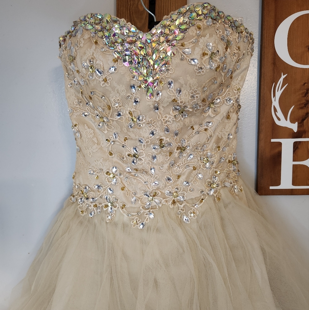 Gold Short Corset Back Jeweled Strapless Formal Dress